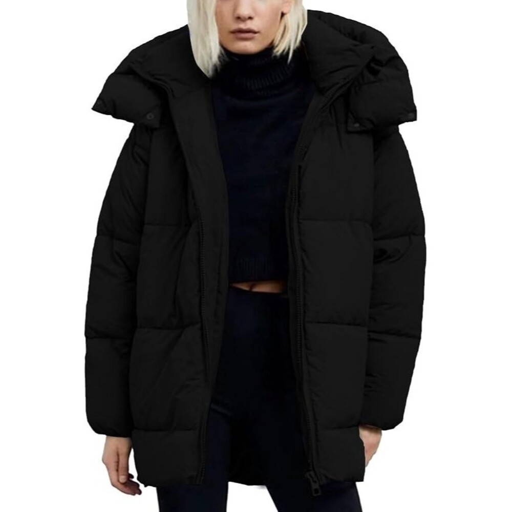 Warm Quilted Hooded Puffer Jacket Mid-Length Winter Coat Lightweight Oversized
